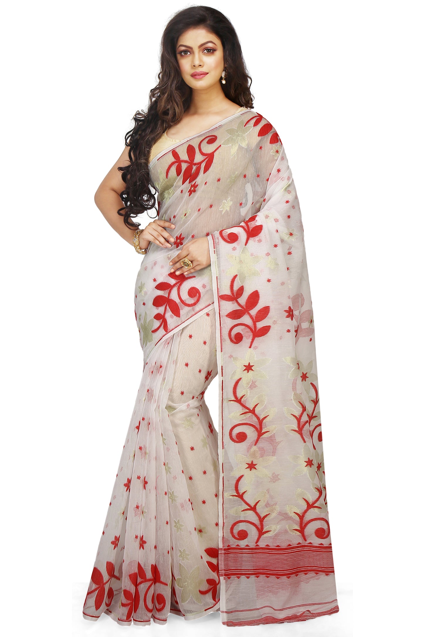 Cotton Silk Flower Dhakai Allover Soft Jamdani Sarees (White & Red)