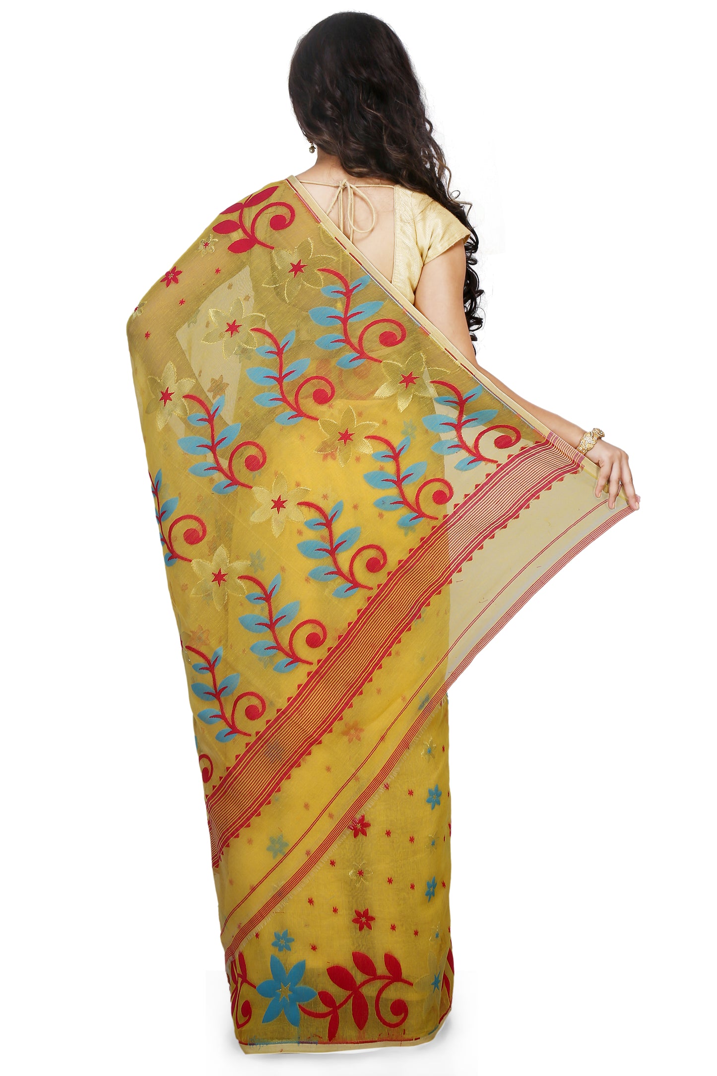 Cotton Silk Flower Dhakai Allover Soft Jamdani Sarees (Yellow)