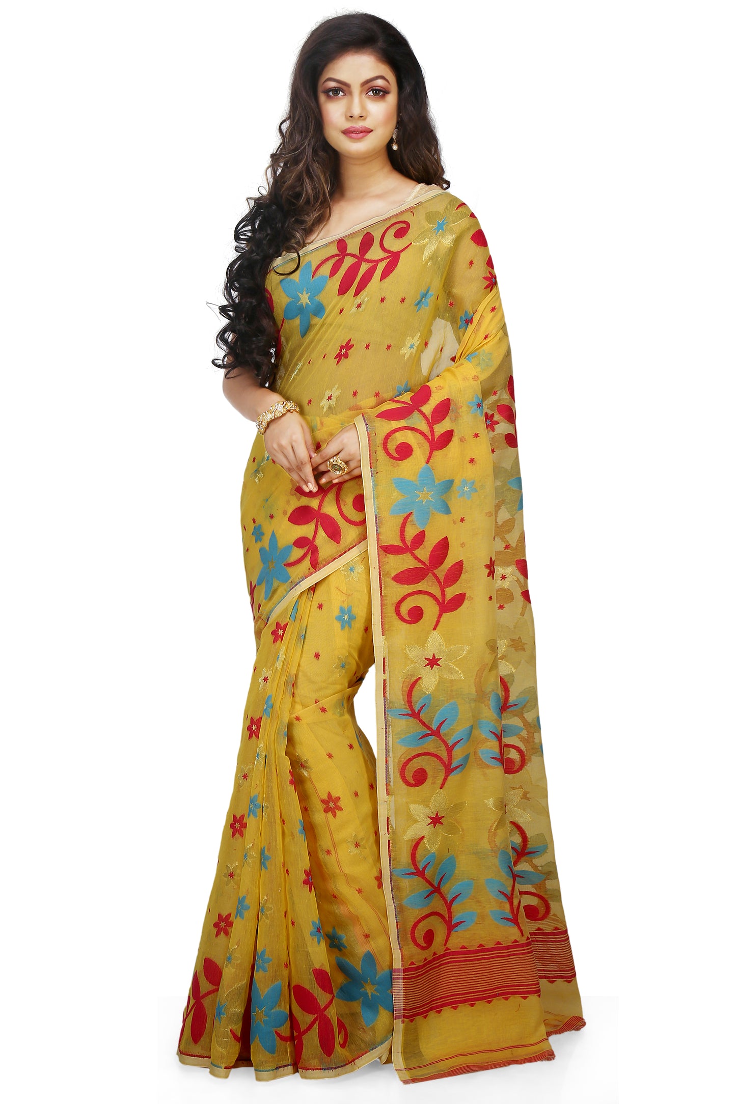 Cotton Silk Flower Dhakai Allover Soft Jamdani Sarees (Yellow)