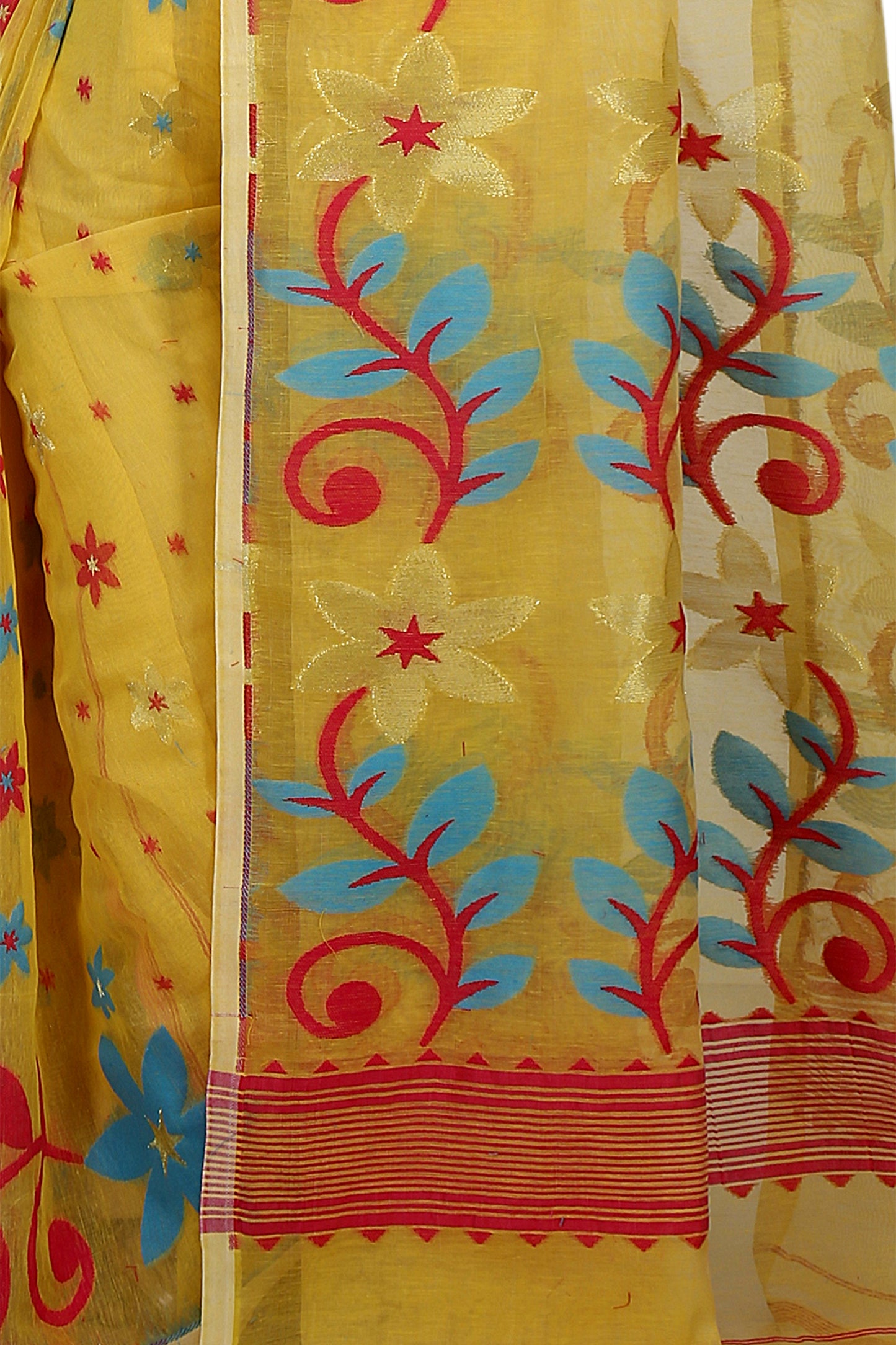 Cotton Silk Flower Dhakai Allover Soft Jamdani Sarees (Yellow)