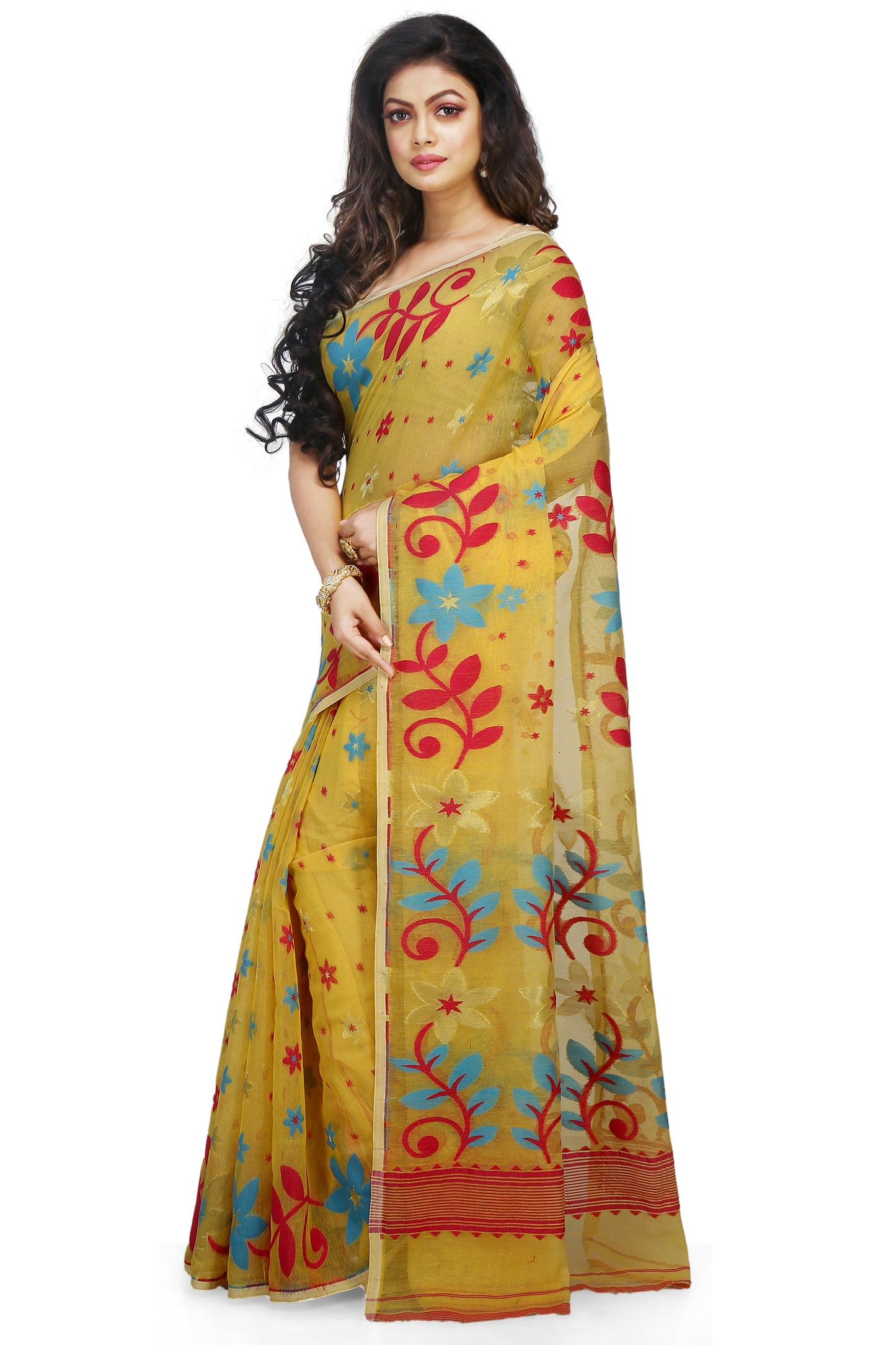 Cotton Silk Flower Dhakai Allover Soft Jamdani Sarees (Yellow)