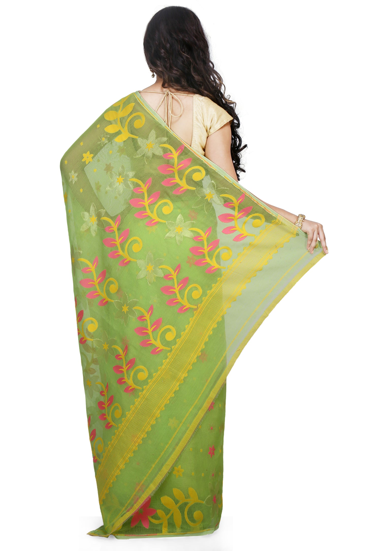 Cotton Silk Flower Dhakai Allover Soft Jamdani Sarees (Green)