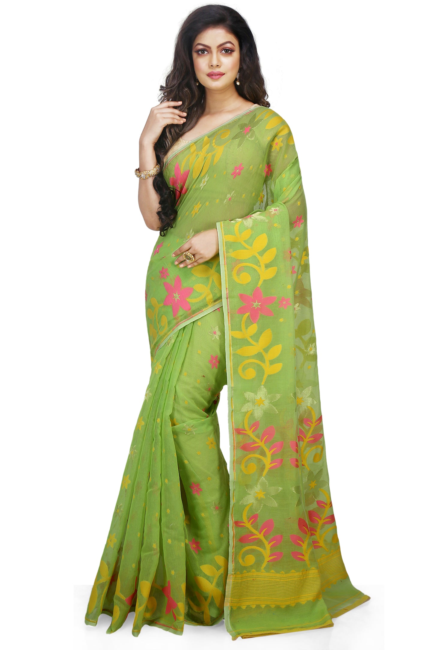 Cotton Silk Flower Dhakai Allover Soft Jamdani Sarees (Green)