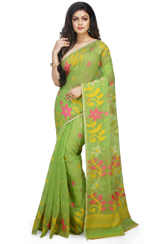 Cotton Silk Flower Dhakai Allover Soft Jamdani Sarees (Green)