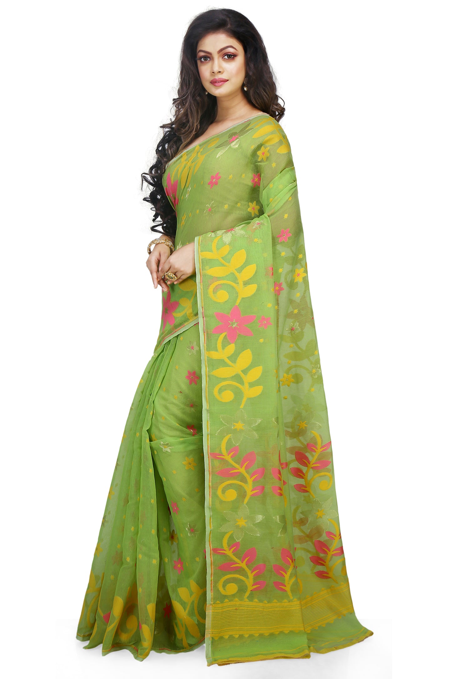 Cotton Silk Flower Dhakai Allover Soft Jamdani Sarees (Green)