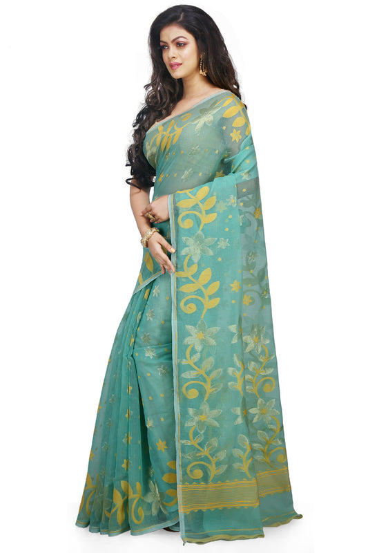 Cotton Silk Flower Dhakai Allover Soft Jamdani Sarees (Sky)