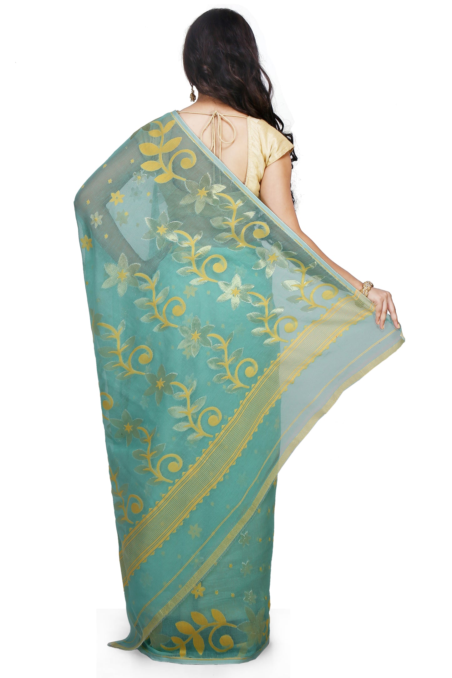 Cotton Silk Flower Dhakai Allover Soft Jamdani Sarees (Sky)