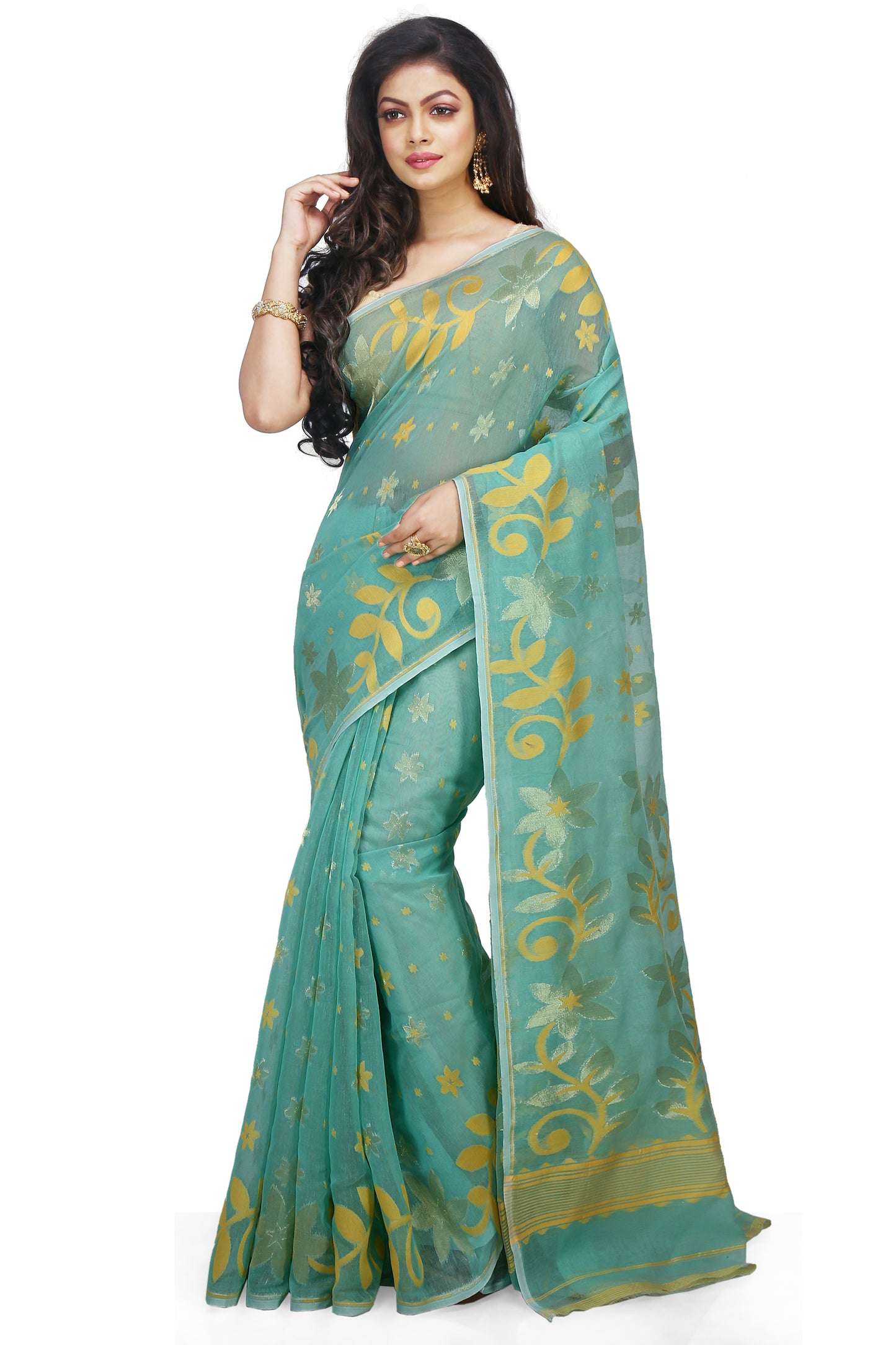 Cotton Silk Flower Dhakai Allover Soft Jamdani Sarees (Sky)