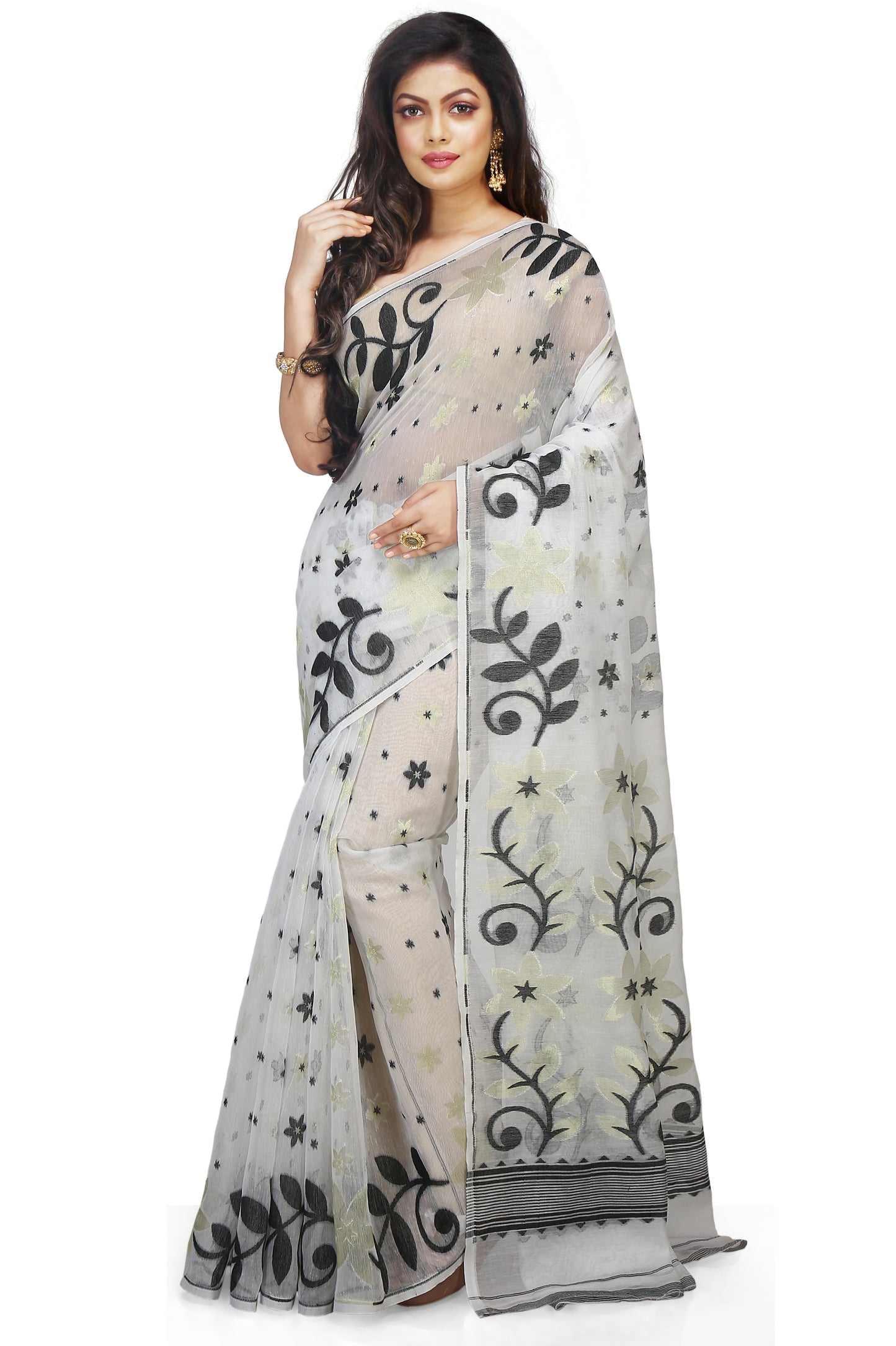 Cotton Silk Flower Dhakai Allover Soft Jamdani Sarees (White & Black)