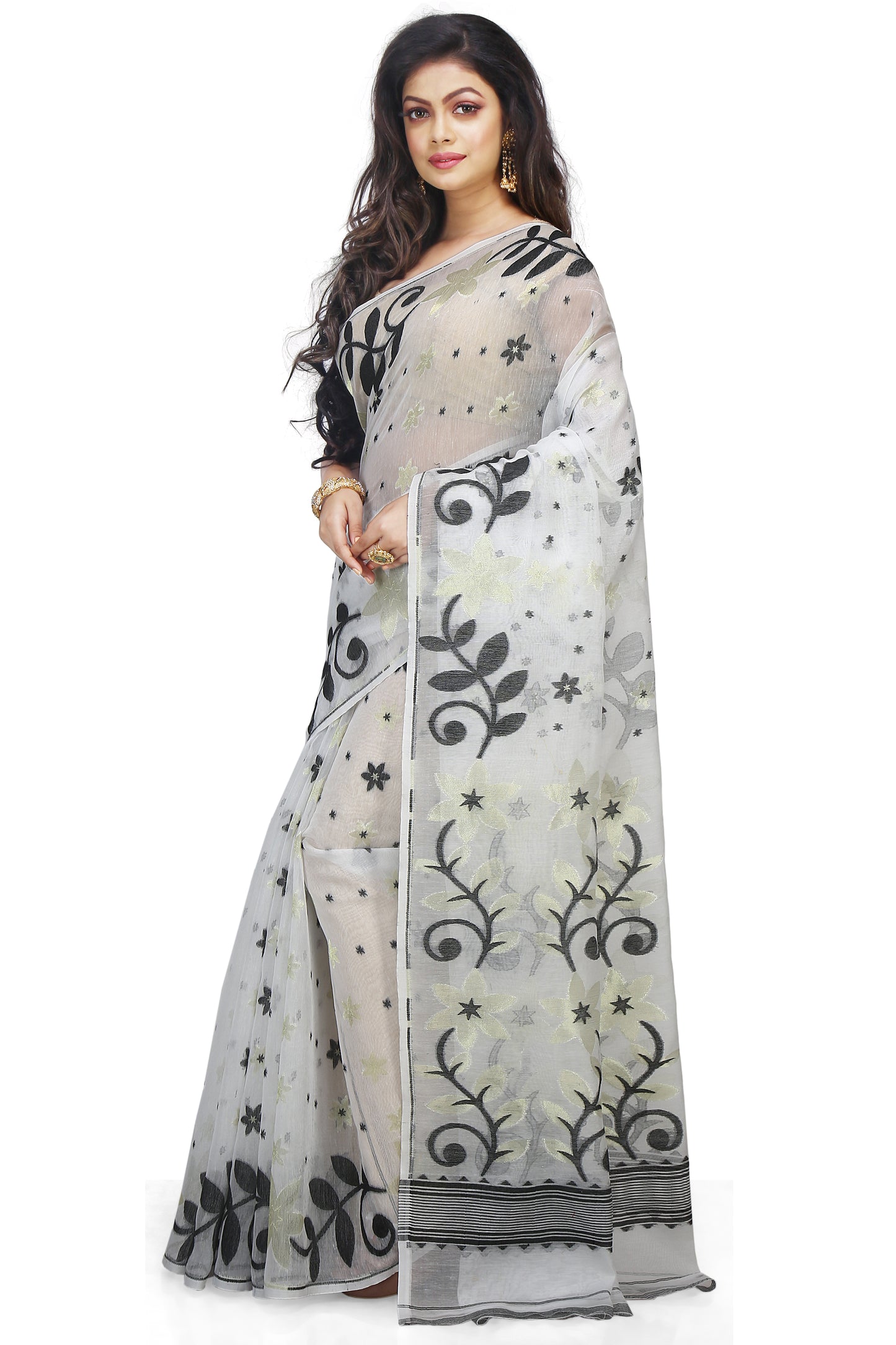 Cotton Silk Flower Dhakai Allover Soft Jamdani Sarees (White & Black)