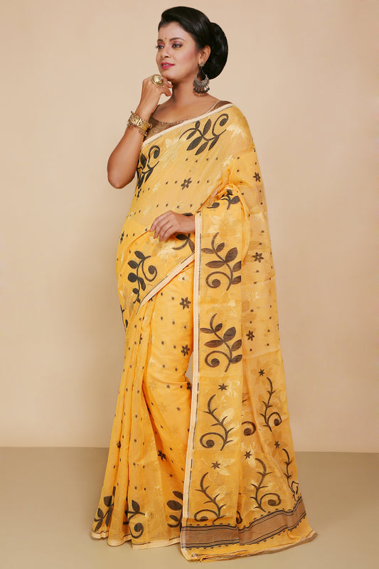 Cotton Silk Dhakai Allover Flower Soft Jamdani Saree Without Blouse Piece (Yellow Black)