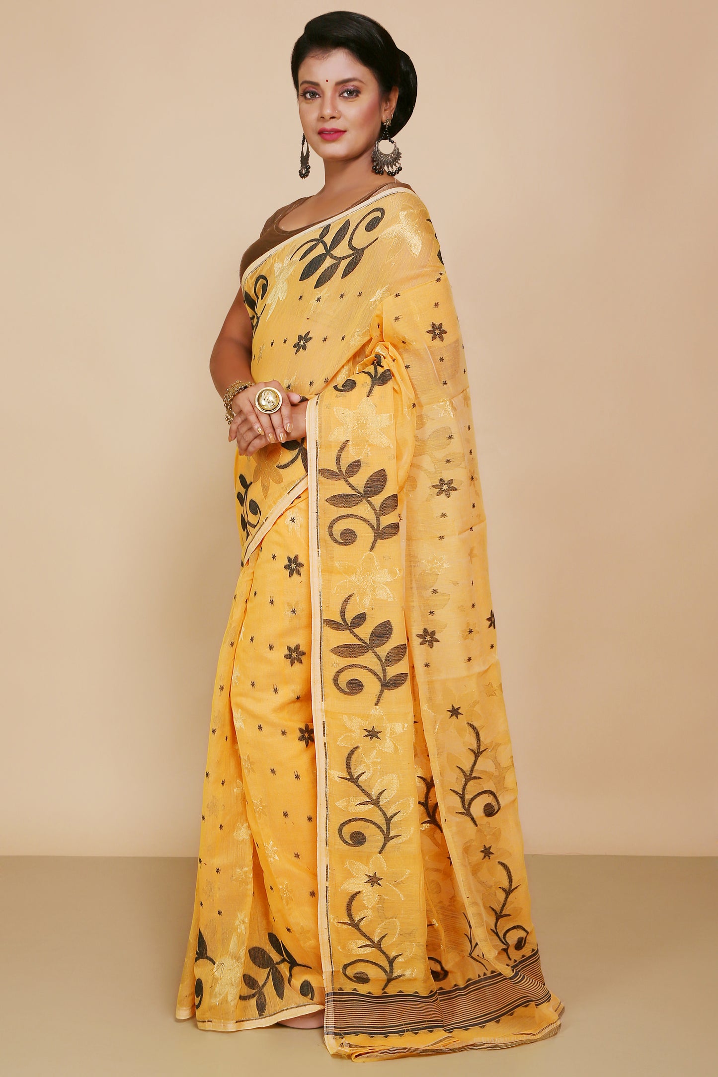 Cotton Silk Dhakai Allover Flower Soft Jamdani Saree Without Blouse Piece (Yellow Black)