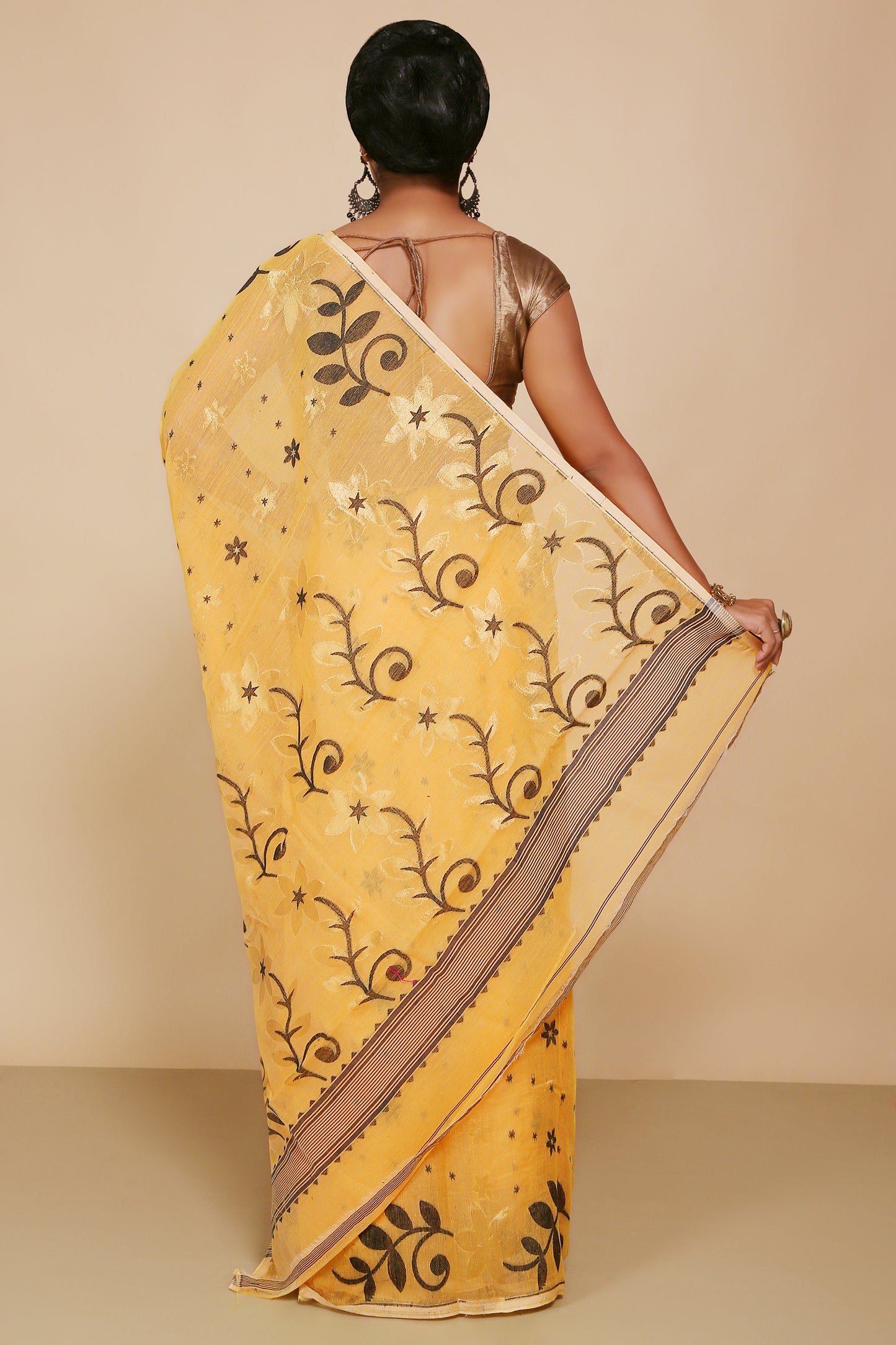 Cotton Silk Dhakai Allover Flower Soft Jamdani Saree Without Blouse Piece (Yellow Black)