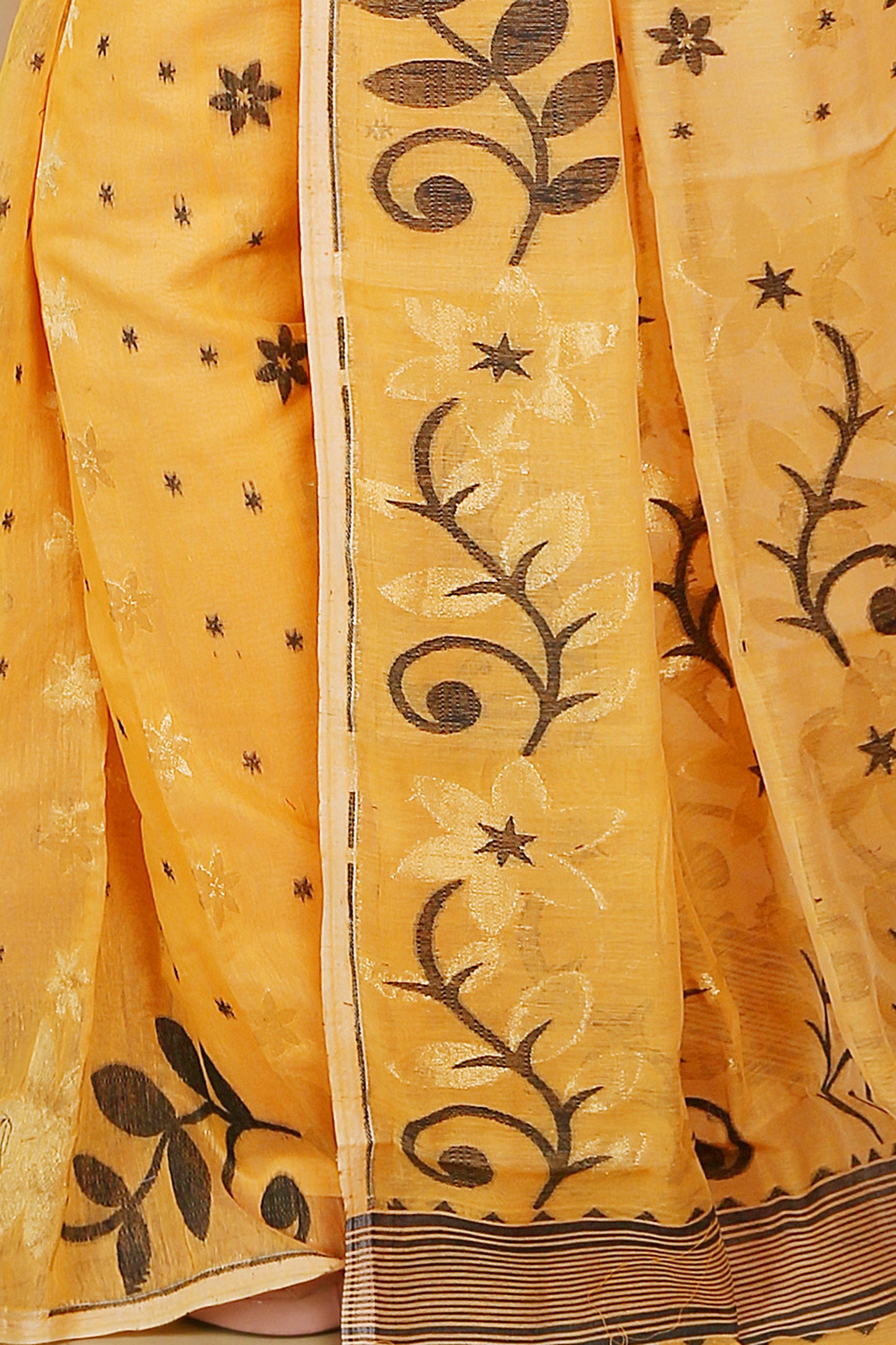 Cotton Silk Dhakai Allover Flower Soft Jamdani Saree Without Blouse Piece (Yellow Black)