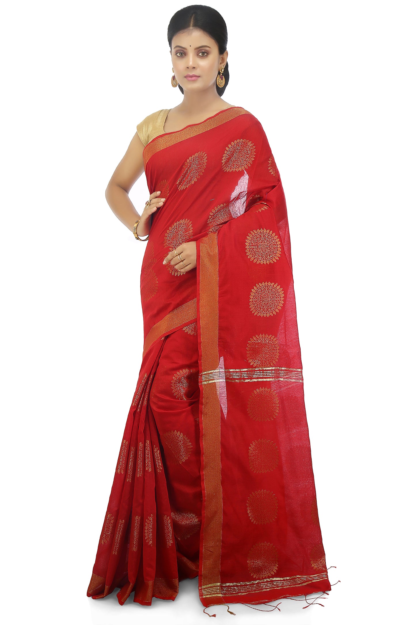 women’s handloom art silk saree with zari thread work Red