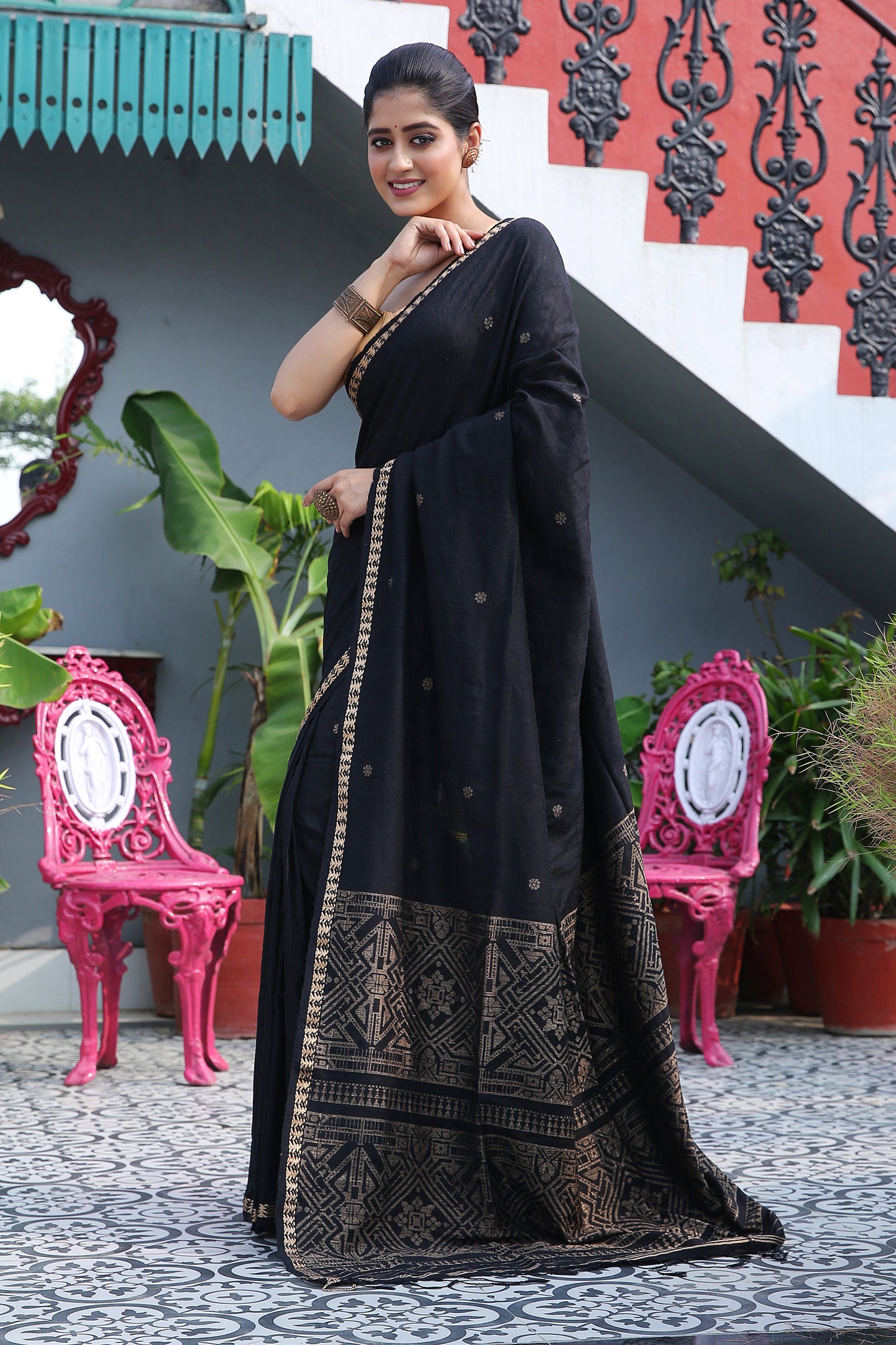 Bangalore Silk hand weaving pure matka silk saree (Black)