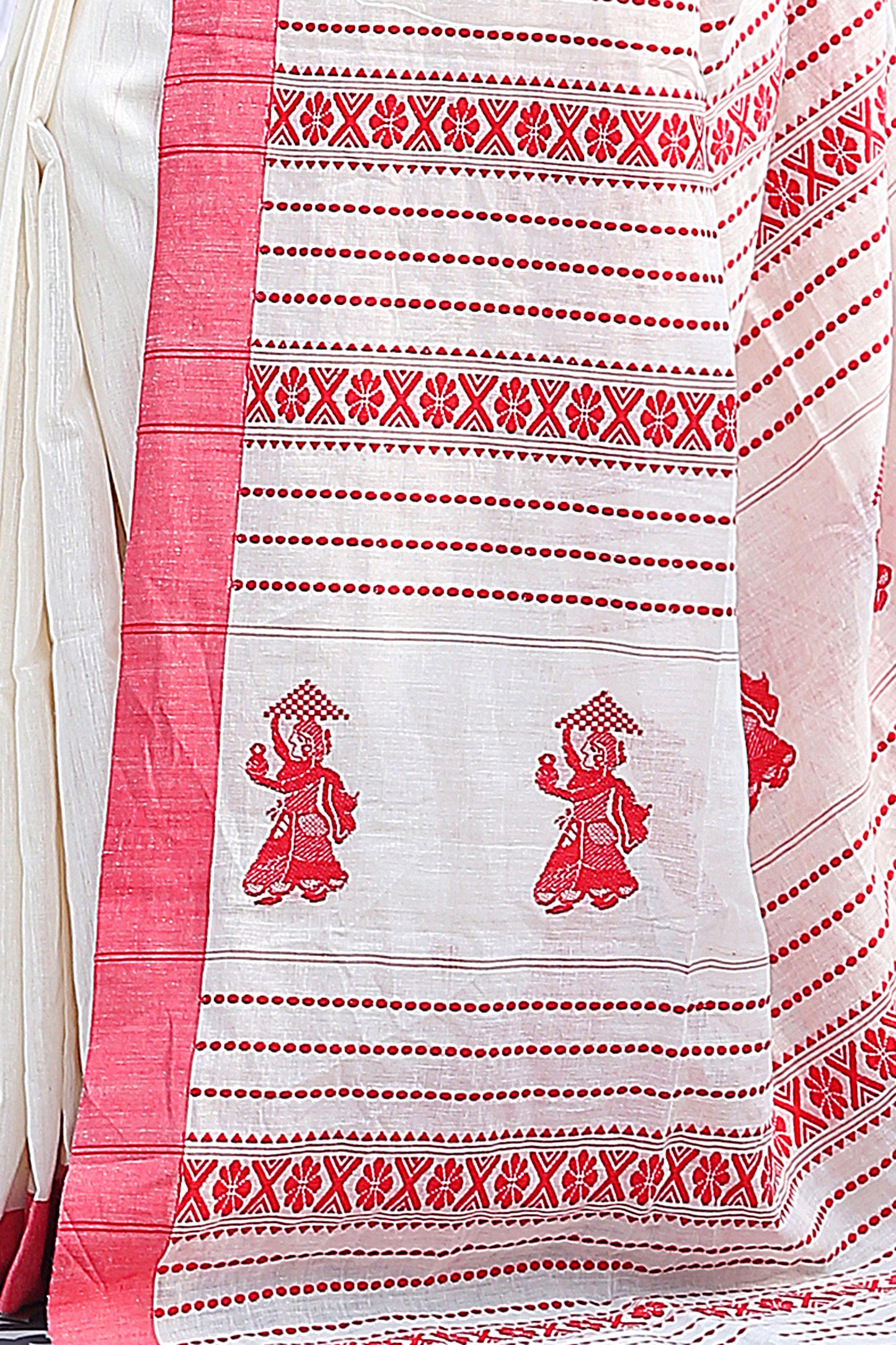 Pure cotton jamdani weave anchal buti putul motif design saree (White Red)