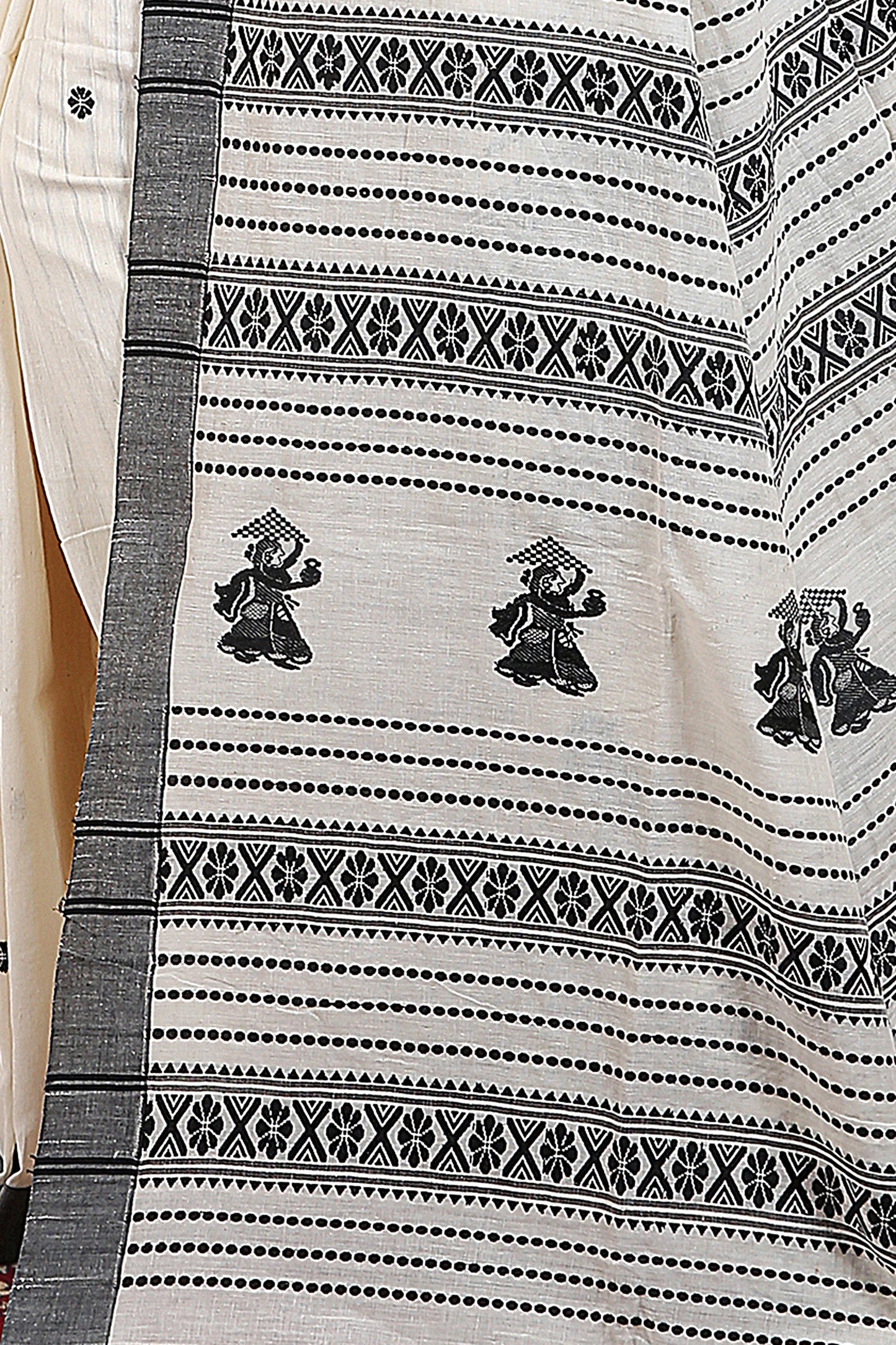 Pure cotton jamdani weave anchal buti putul motif design saree (White Black)