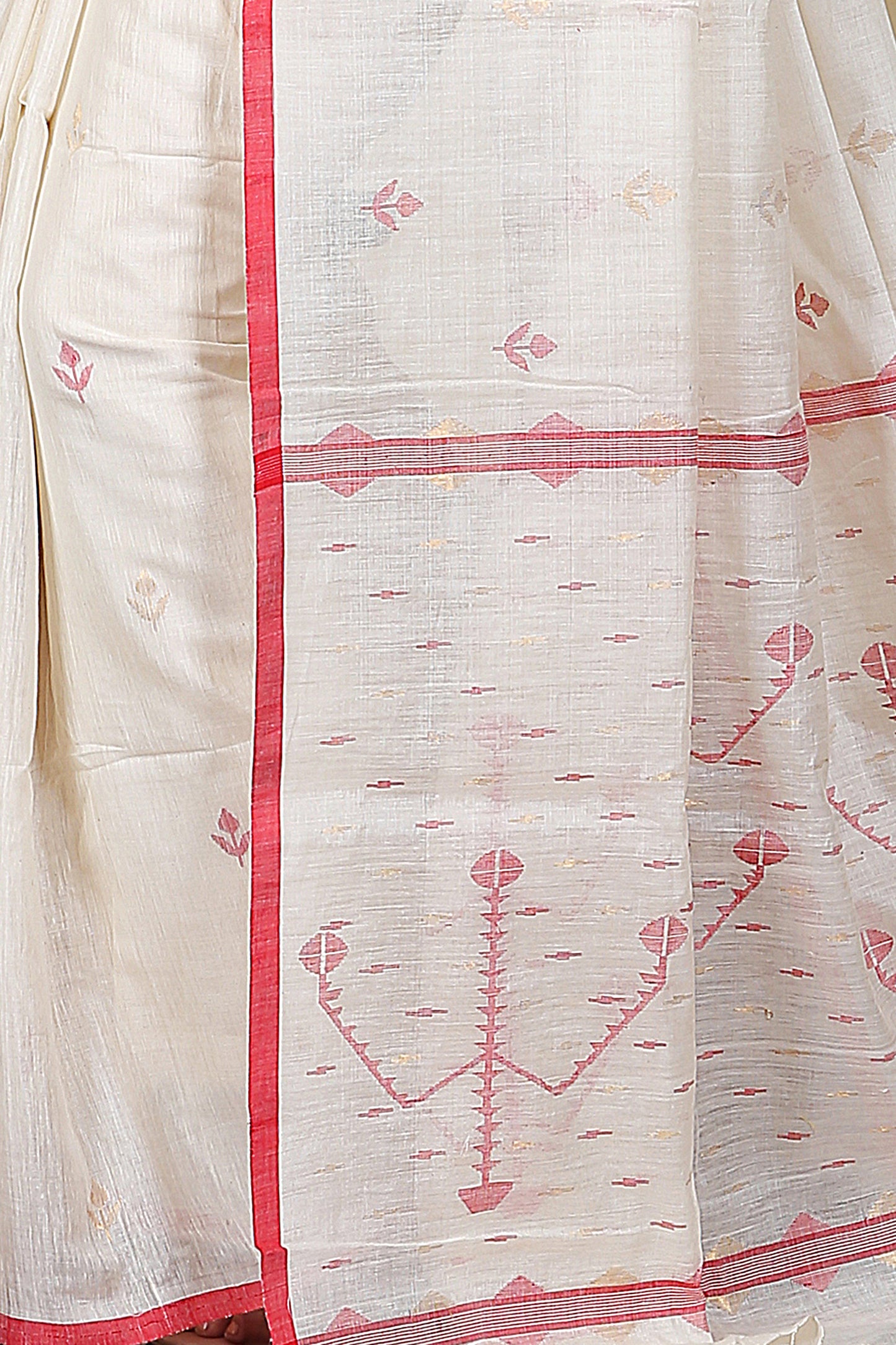 Traditional Jamdani motif pure handspan cotton saree (White Red)