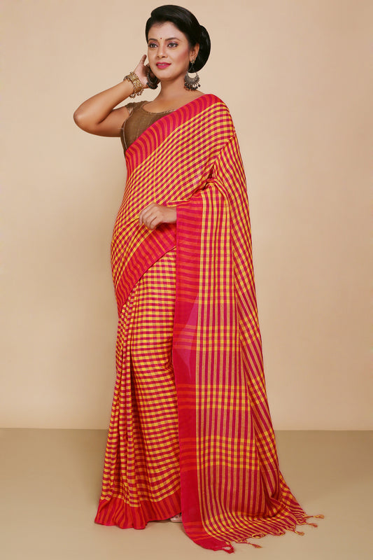 Cotton Check Saree With Blouse Piece (Red Yellow)