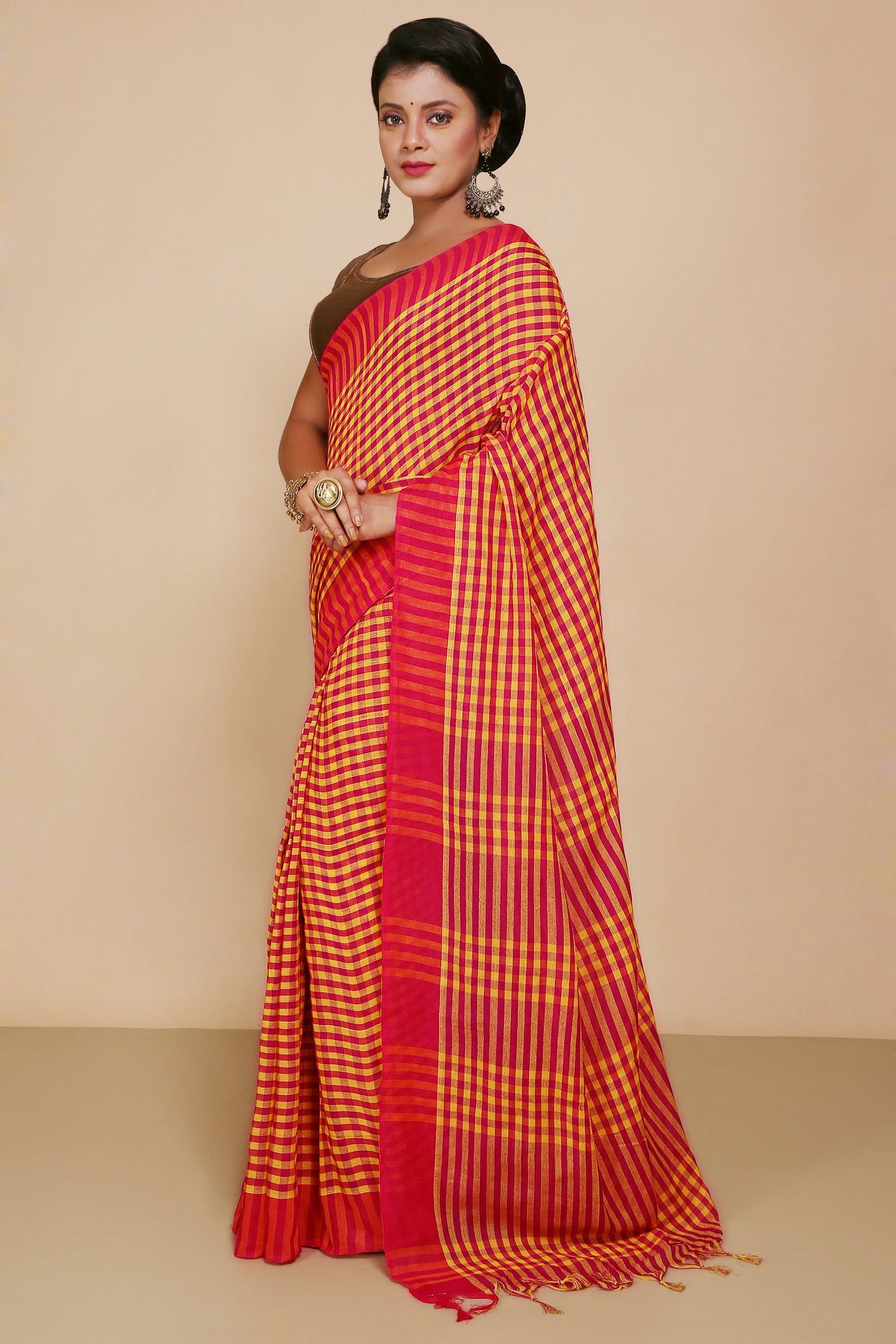 Cotton Check Saree With Blouse Piece (Red Yellow)