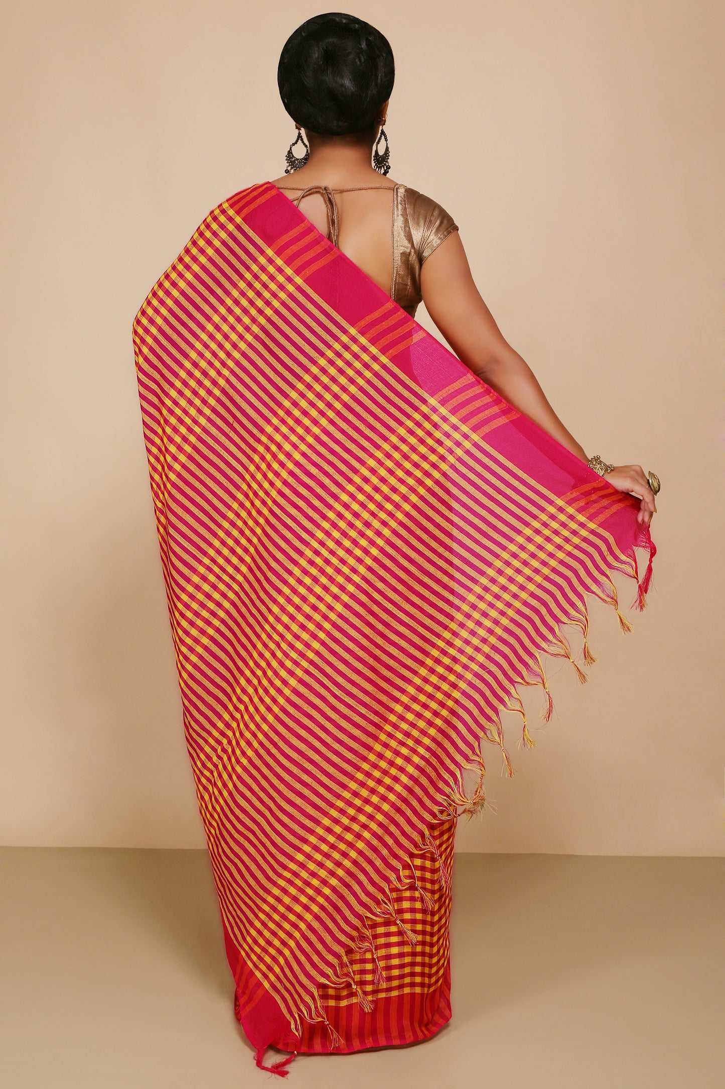 Cotton Check Saree With Blouse Piece (Red Yellow)