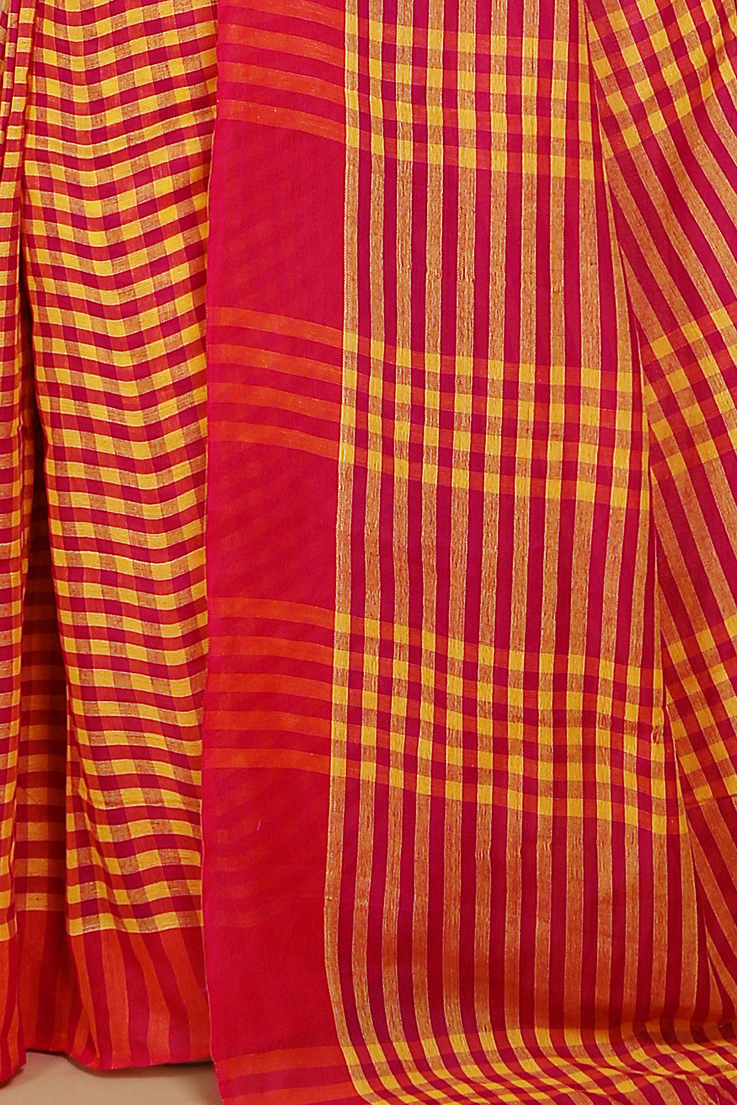 Cotton Check Saree With Blouse Piece (Red Yellow)