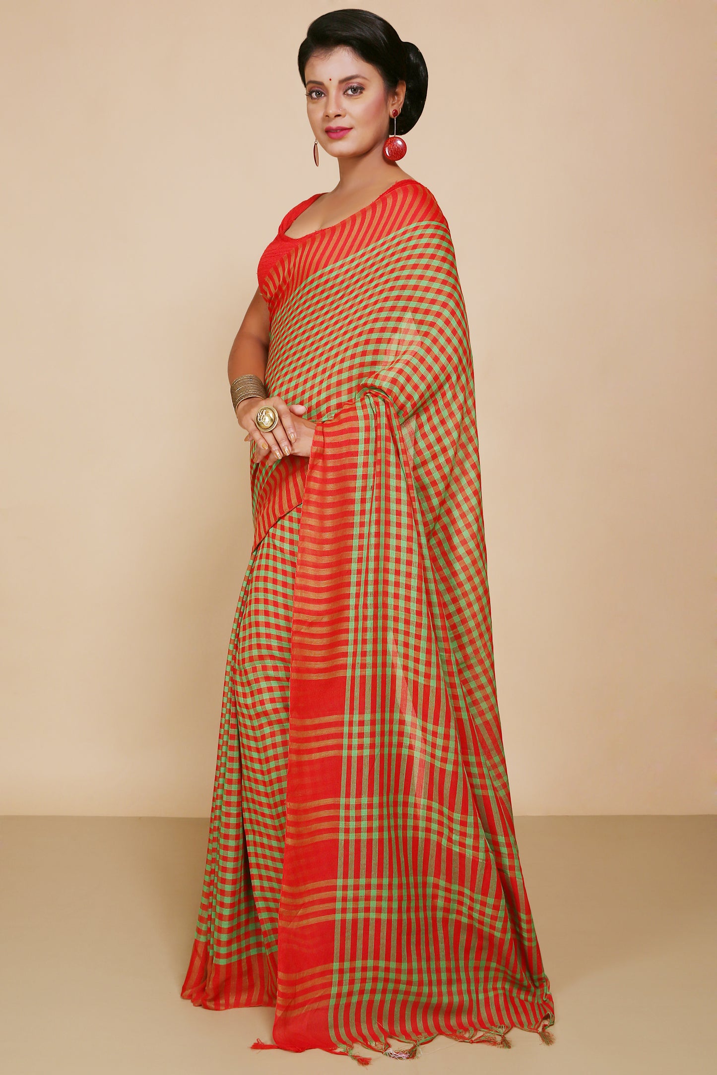 Cotton Check Saree With Blouse Piece (Red Green)