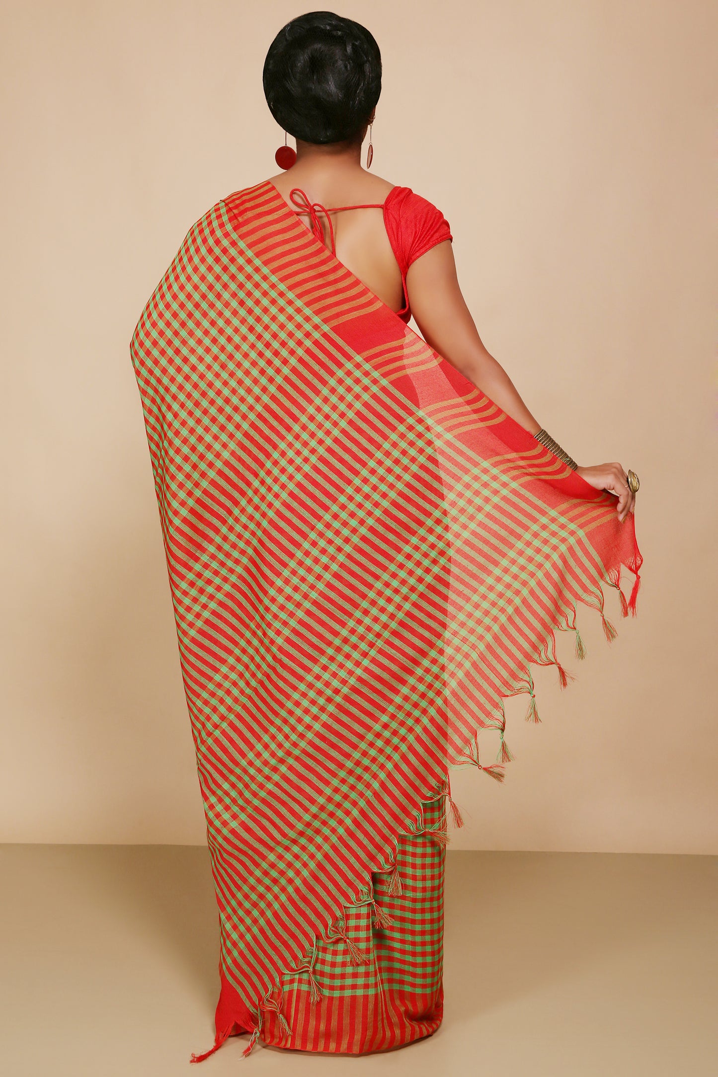 Cotton Check Saree With Blouse Piece (Red Green)