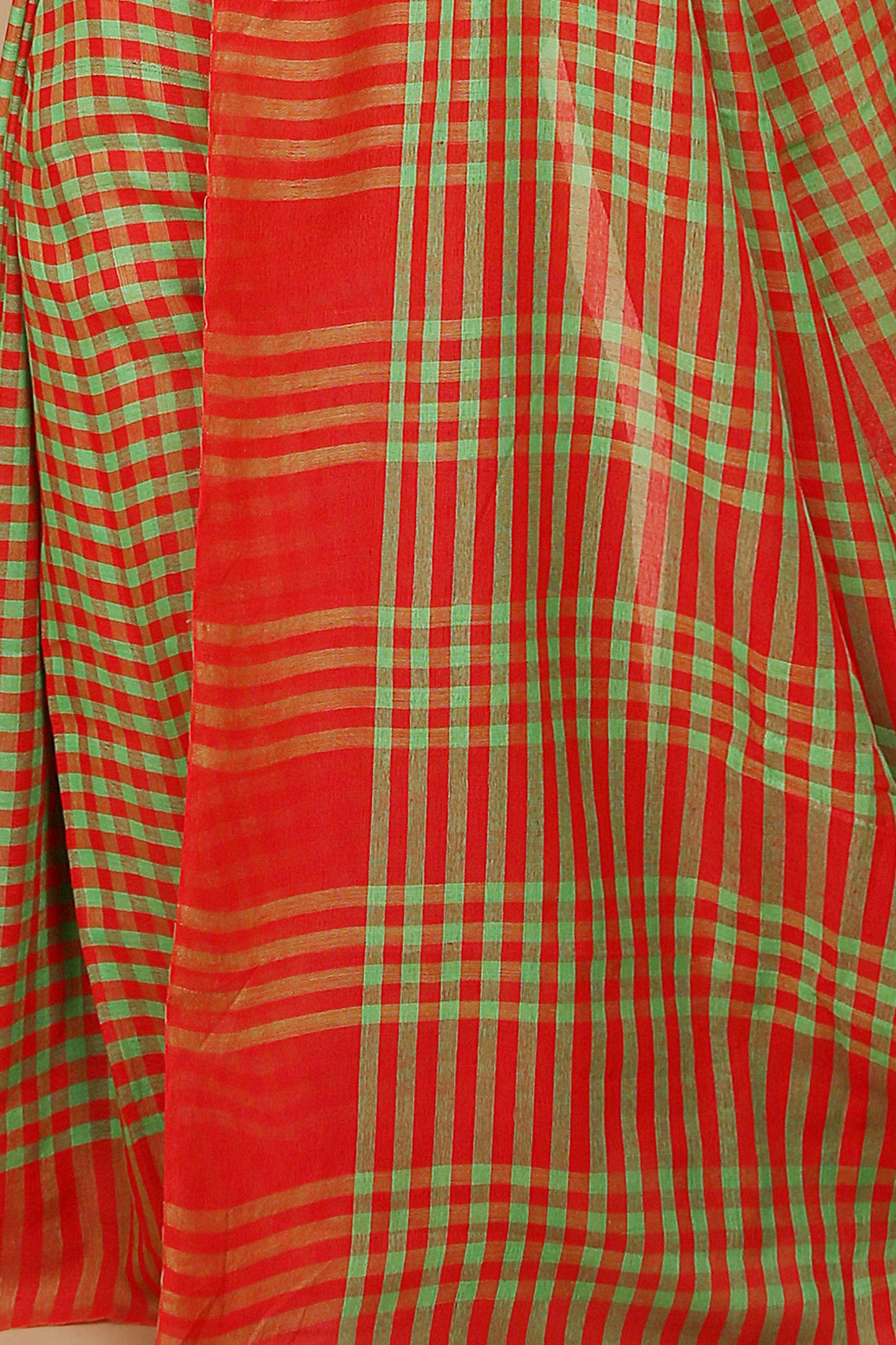 Cotton Check Saree With Blouse Piece (Red Green)