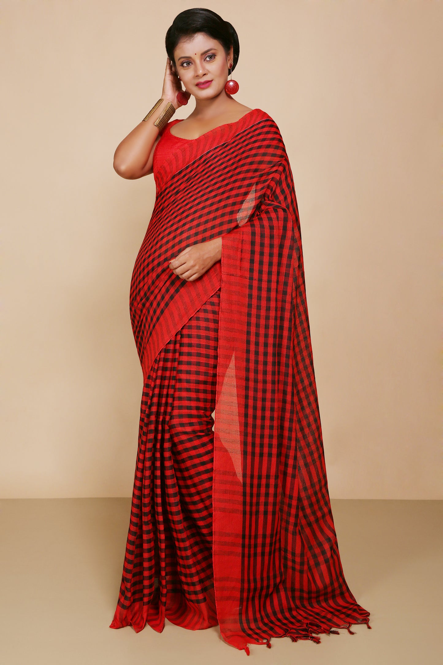 Cotton Check Saree With Blouse Piece (Red Black)