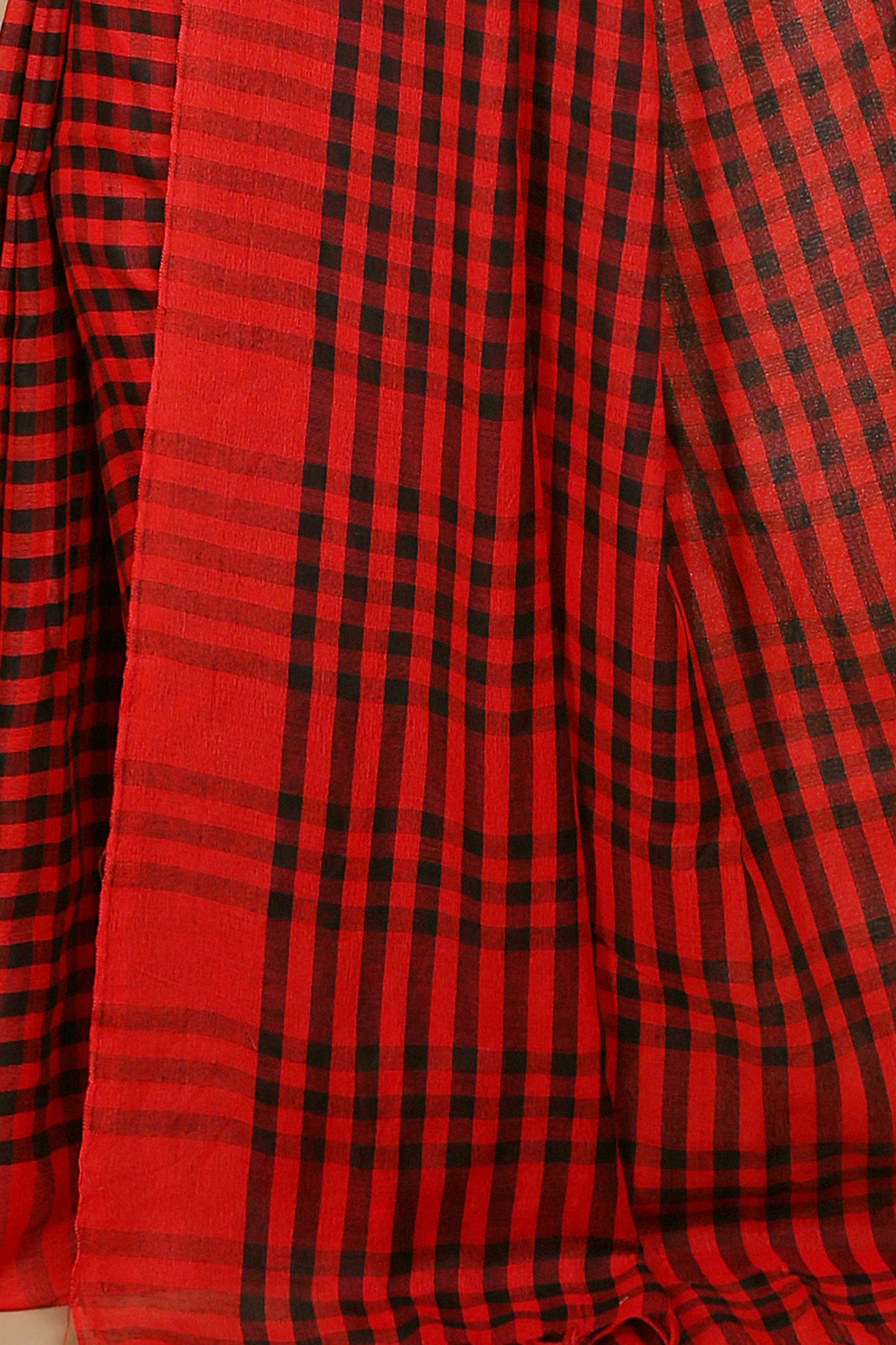 Cotton Check Saree With Blouse Piece (Red Black)