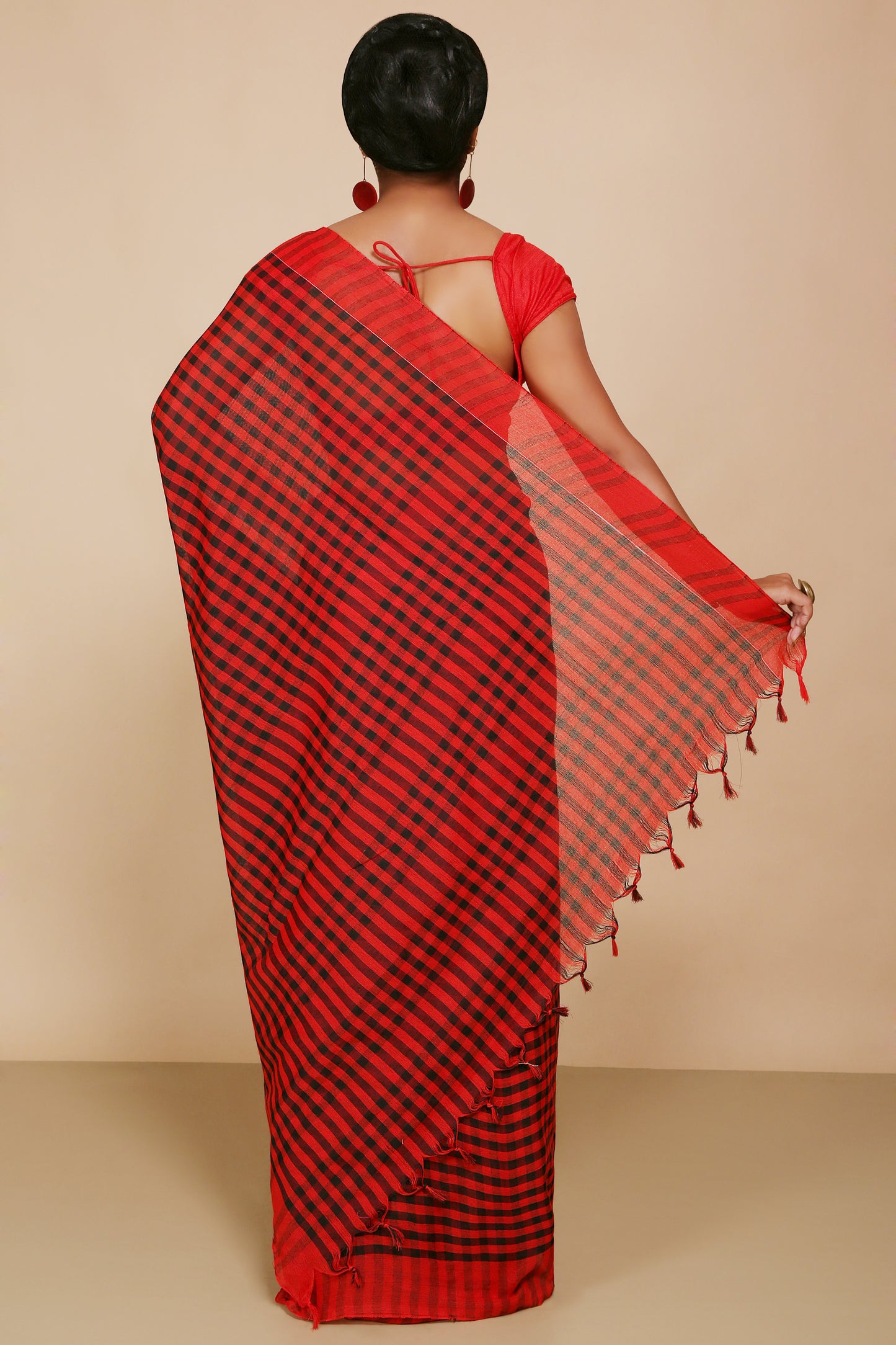 Cotton Check Saree With Blouse Piece (Red Black)